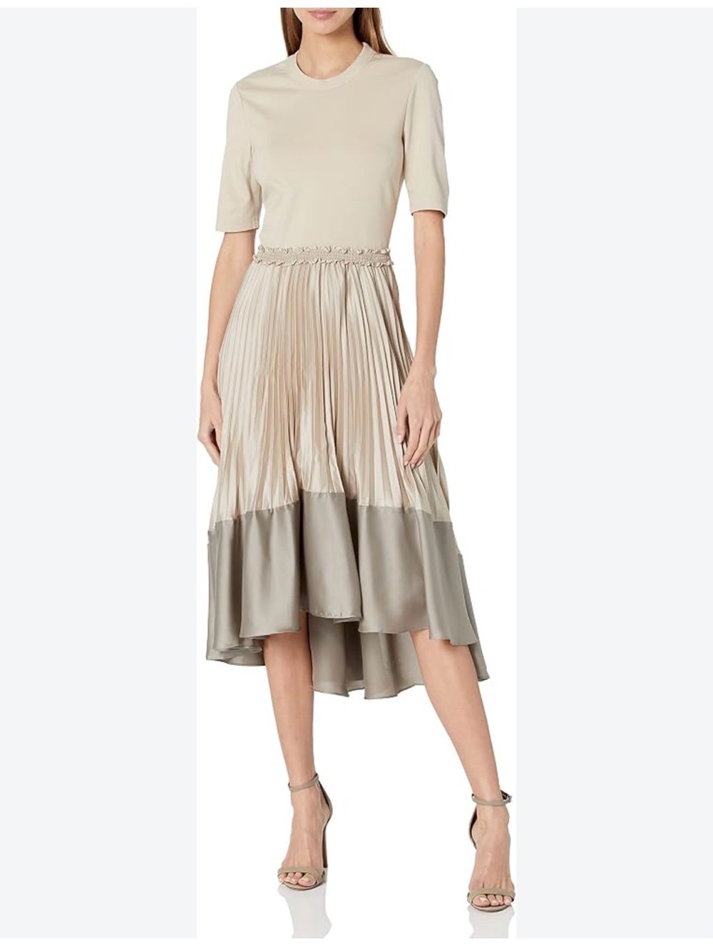 ✅ Club Monaco Two-Tone Pleated High-Low Midi Dress in Beige and Taupe size 8